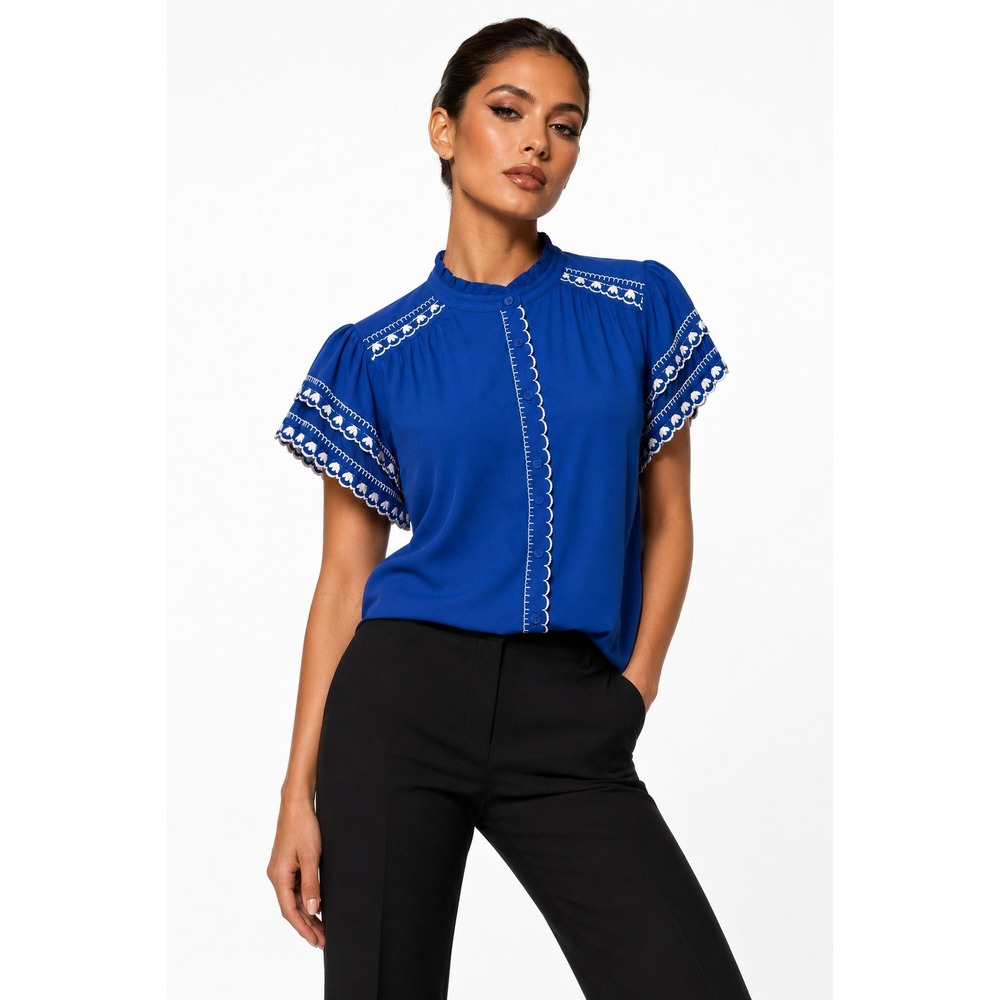 Daniel Rainn Colby Embroidered Blouse Blue Cotton Flutter Sleeve Top LP NWT